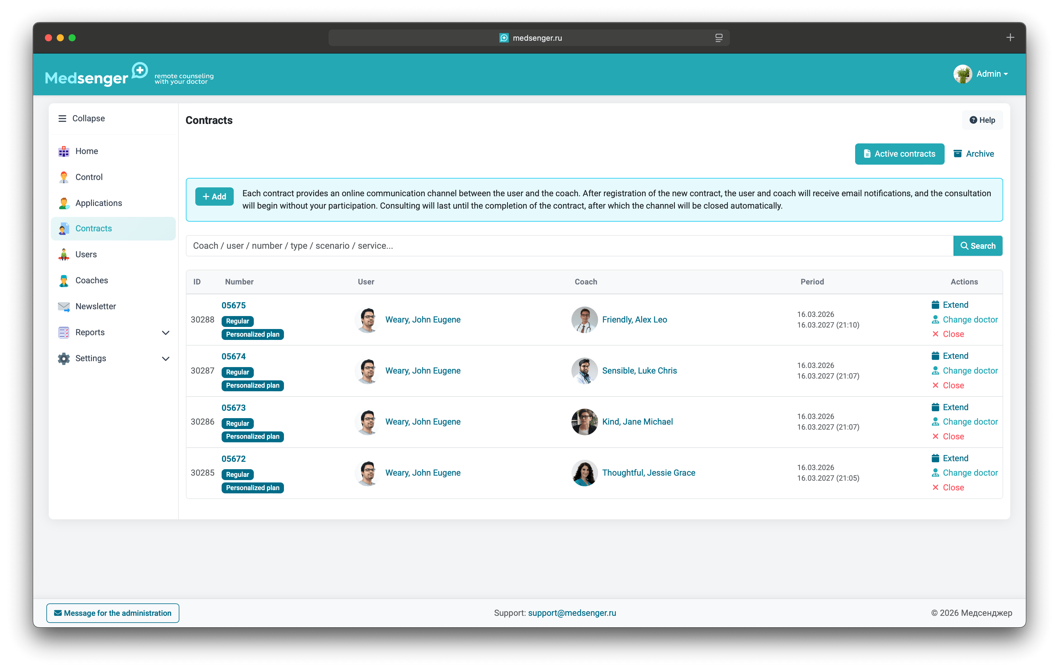 Screenshot: Healthcare provider's admin panel on Medsenger